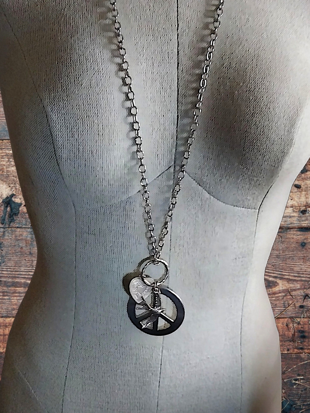 Long Necklace with Peace, Dove, and Heart Charms